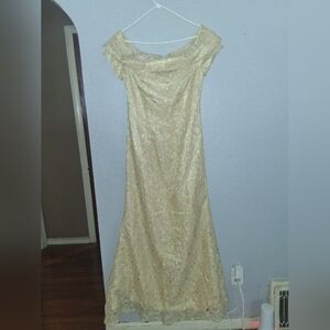 NWT Merry's Gold Lace Maxi Mother Of The Bride Off The Shoulder Formal 12